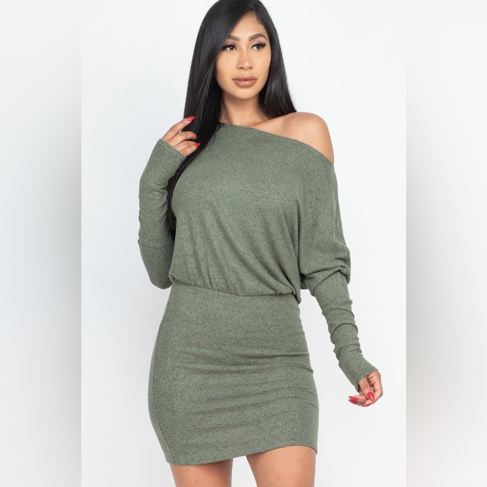 Capella Dolman Sleeve Olive Soft Knit Off The Shoulder Slouchy Dress Medium
